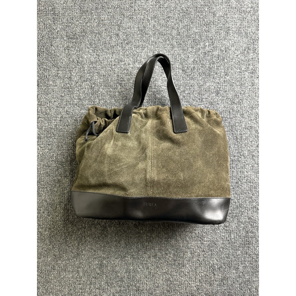 Furla Suede Leather Drawstring Tote Bag Olive Made in Italy, Size One Size
